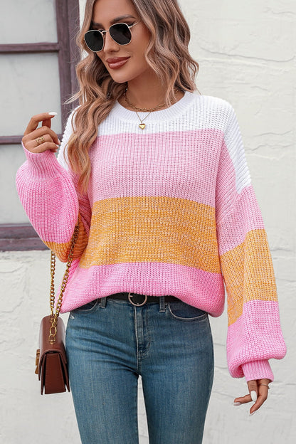 Round Neck Color Block Ribbed Pullover Sweater - Fashion Finder Hub