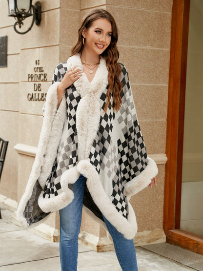 Checkered Faux Fur Trim Poncho - Fashion Finder Hub