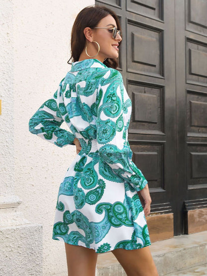 Paisley Print Johnny Collar Smocked Dress - Fashion Finder Hub