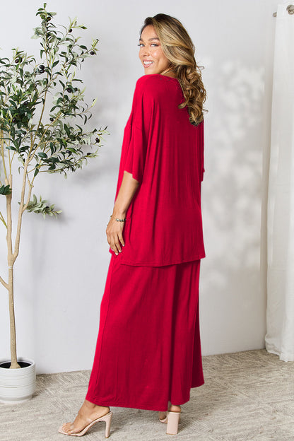 Double Take Full Size Round Neck Slit Top and Pants Set - Fashion Finder Hub