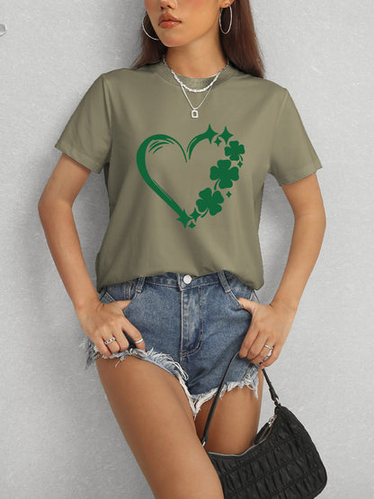 Heart Lucky Clover Round Neck Short Sleeve T-Shirt - Fashion Finder Hub