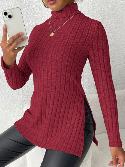 Ribbed Turtleneck Long Sleeve Slit T-Shirt - Fashion Finder Hub