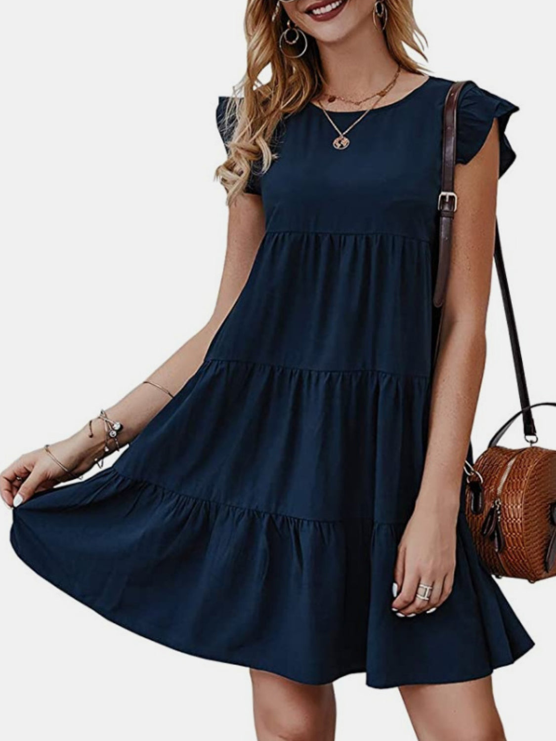 Ruffled Round Neck Cap Sleeve Mini Dress