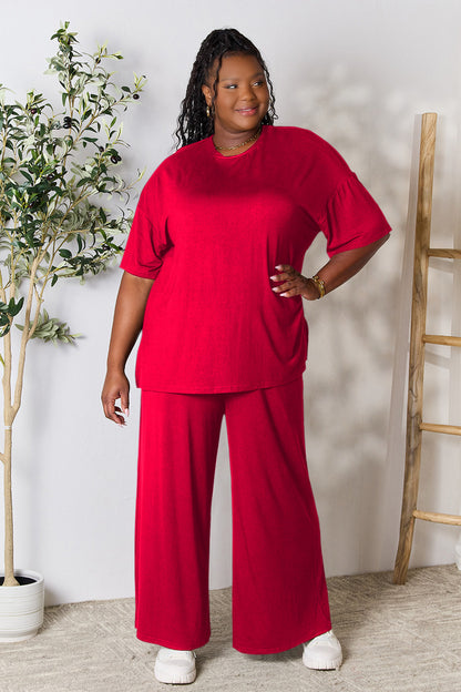 Double Take Full Size Round Neck Slit Top and Pants Set - Fashion Finder Hub