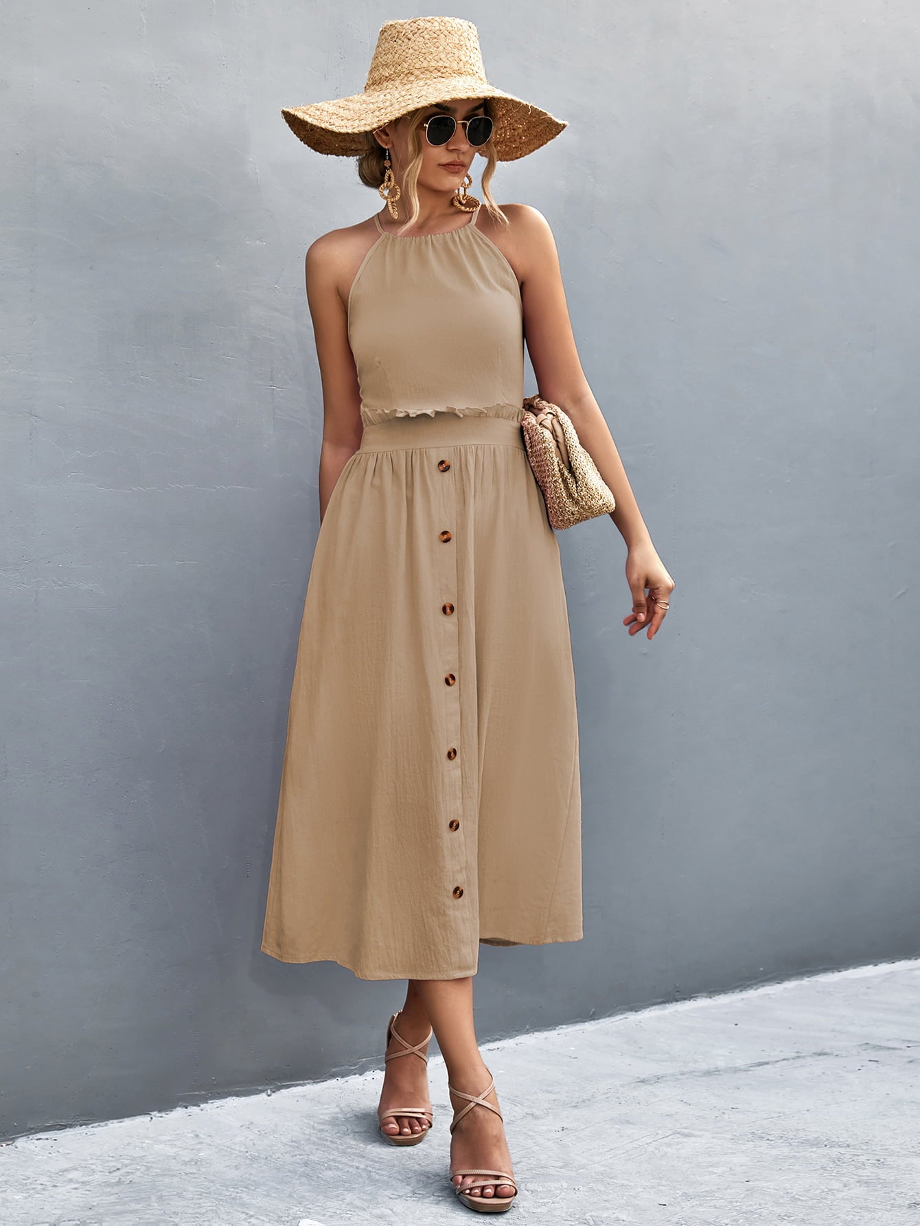 Buttoned Halter Neck Frill Trim Midi Dress - Fashion Finder Hub