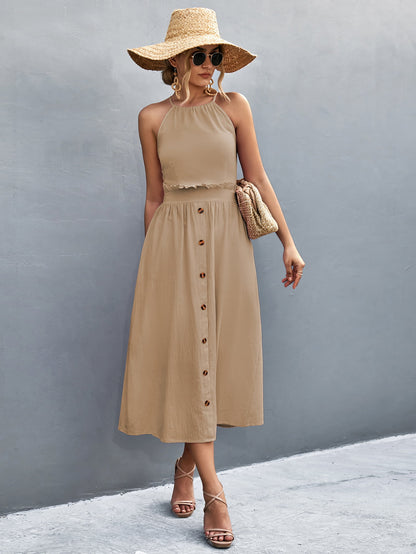 Buttoned Halter Neck Frill Trim Midi Dress - Fashion Finder Hub