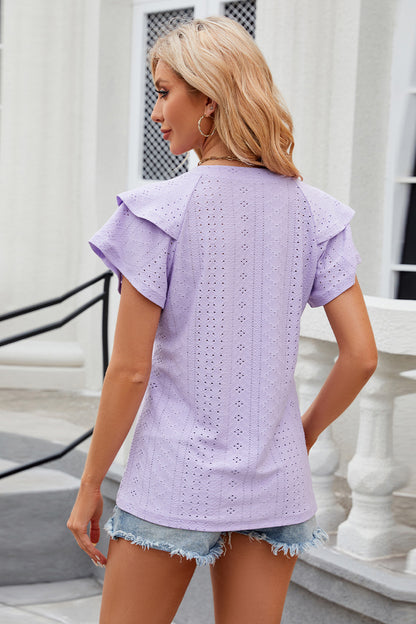 Eyelet Notched Short Sleeve T-Shirt - Fashion Finder Hub