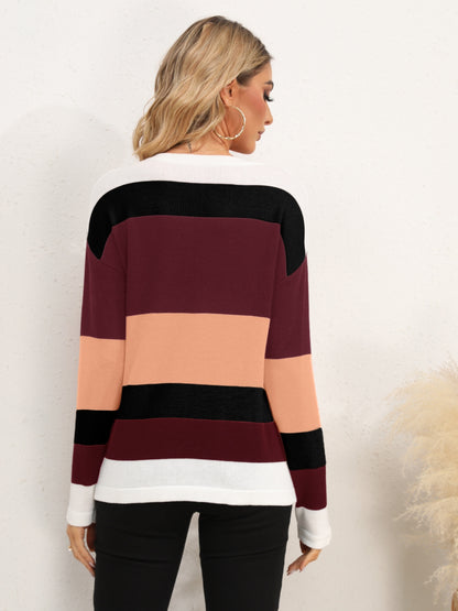 Striped Round Neck Dropped Shoulder Sweater - Fashion Finder Hub