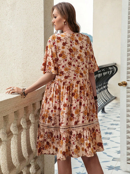 Plus Size Floral Crochet Flutter Sleeve Dress - Fashion Finder Hub