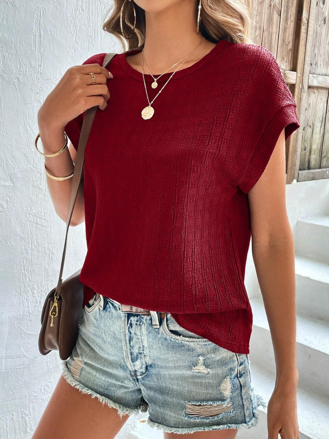 Textured Round Neck Short Sleeve Top - Fashion Finder Hub