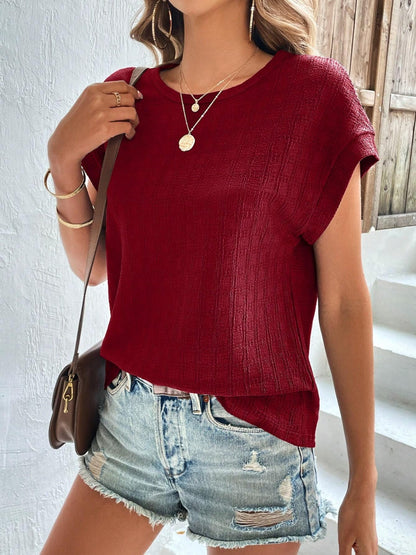 Textured Round Neck Short Sleeve Top - Fashion Finder Hub