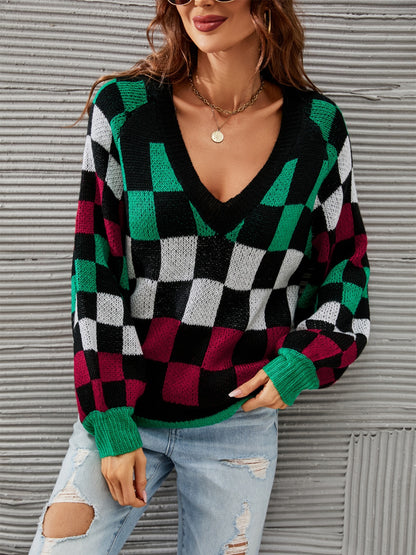 Checkered V-Neck Lantern Sleeve Sweater - Fashion Finder Hub