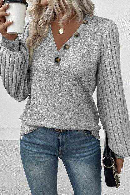 Decorative Button V-Neck Lantern Sleeve Blouse - Fashion Finder Hub