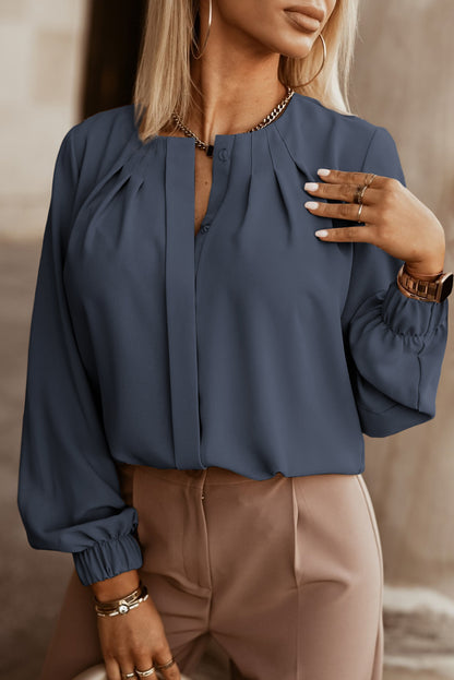 Button Up Round Neck Long Sleeve Shirt - Fashion Finder Hub