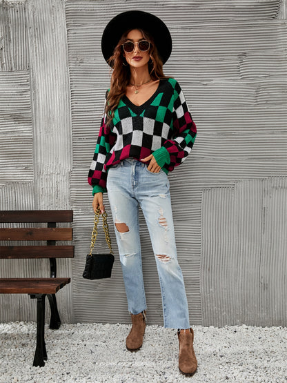 Checkered V-Neck Lantern Sleeve Sweater - Fashion Finder Hub
