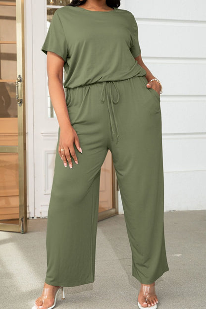 Plus Size Drawstring Waist Short Sleeve Jumpsuit - Fashion Finder Hub