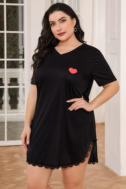 Plus Size Lace Trim V-Neck Short Sleeve Night Dress - Fashion Finder Hub