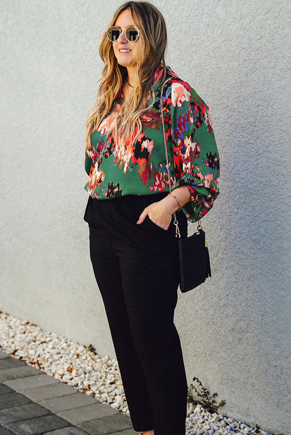 Plus Size Printed Johnny Collar Long Sleeve Blouse - Fashion Finder Hub