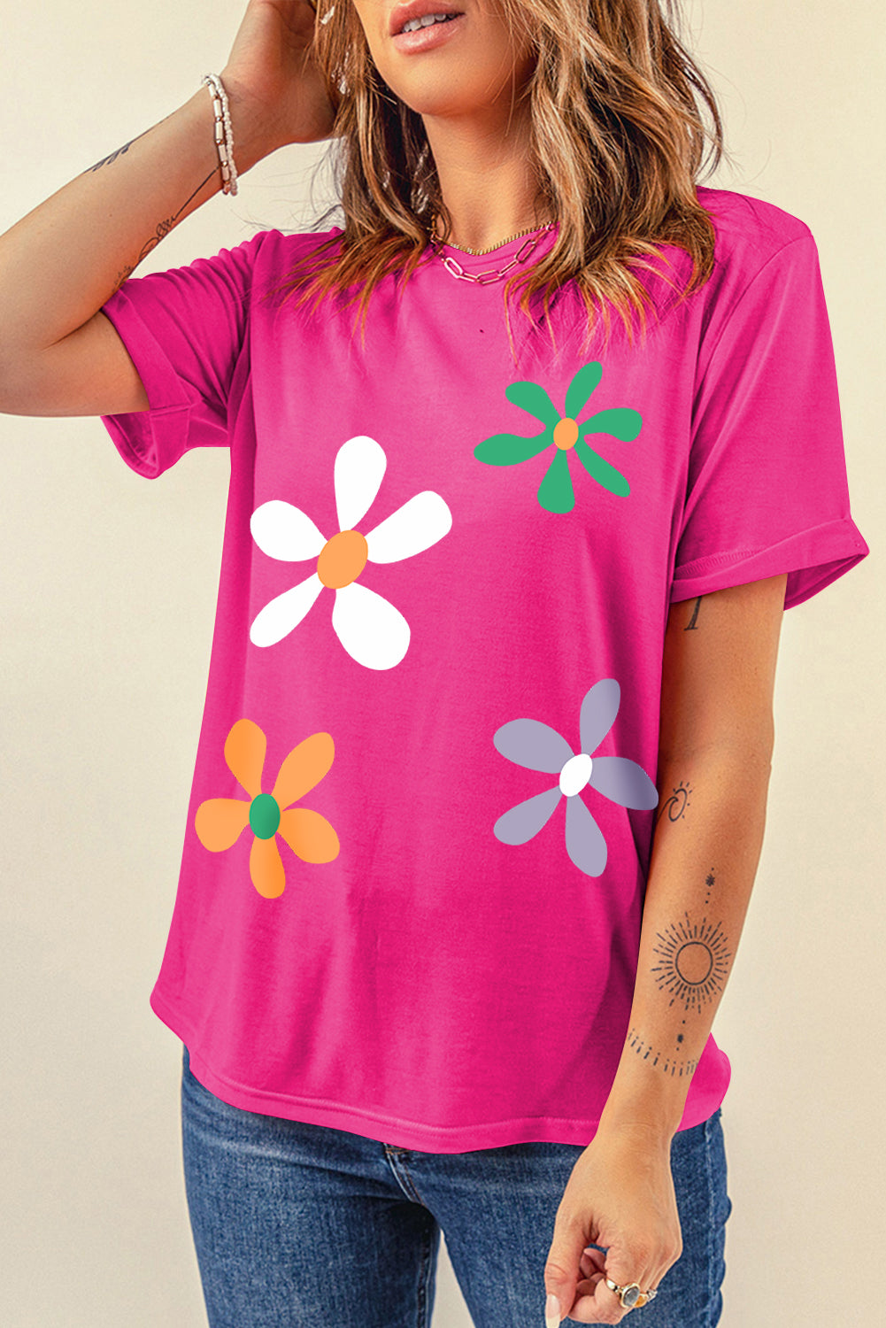 Flower Round Neck Short Sleeve T-Shirt - Fashion Finder Hub