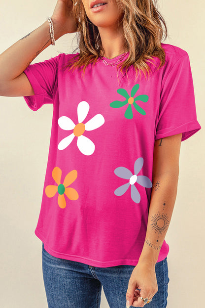 Flower Round Neck Short Sleeve T-Shirt - Fashion Finder Hub