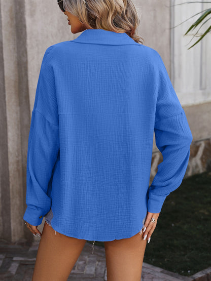 Textured Pocketed Button Up Dropped Shoulder Shirt - Fashion Finder Hub