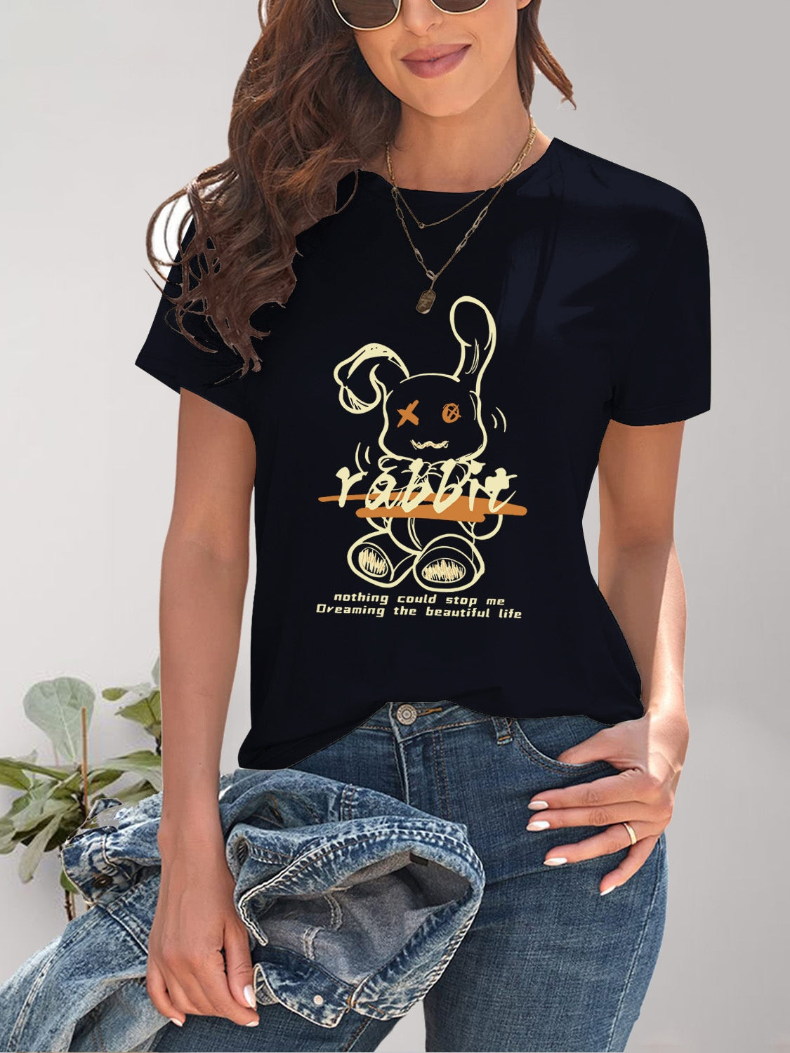 Rabbit Graphic Round Neck Short Sleeve T-Shirt - Fashion Finder Hub