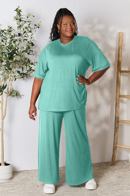 Double Take Full Size Round Neck Slit Top and Pants Set - Fashion Finder Hub