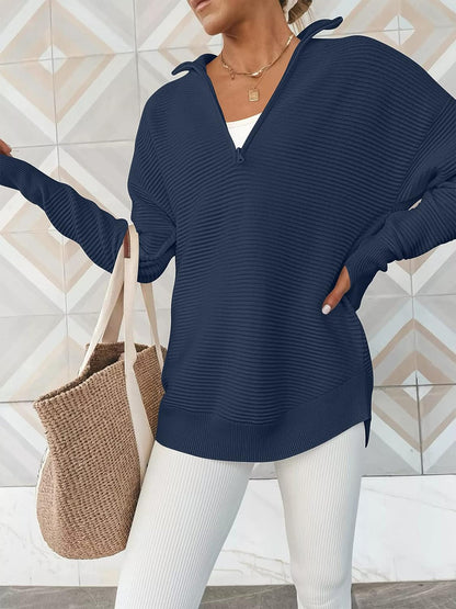 Half Zip Long Sleeve Knit Top - Fashion Finder Hub