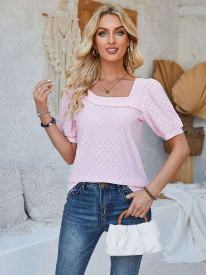 Eyelet Asymmetrical Neck Short Sleeve T-Shirt - Fashion Finder Hub