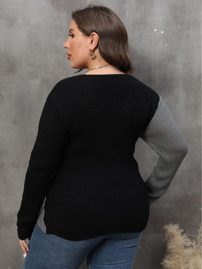 Plus Size Two-Tone Surplice Neck Sweater - Fashion Finder Hub