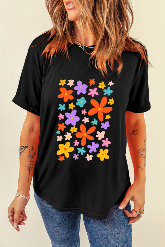 Flower Graphic Round Neck Short Sleeve T-Shirt - Fashion Finder Hub