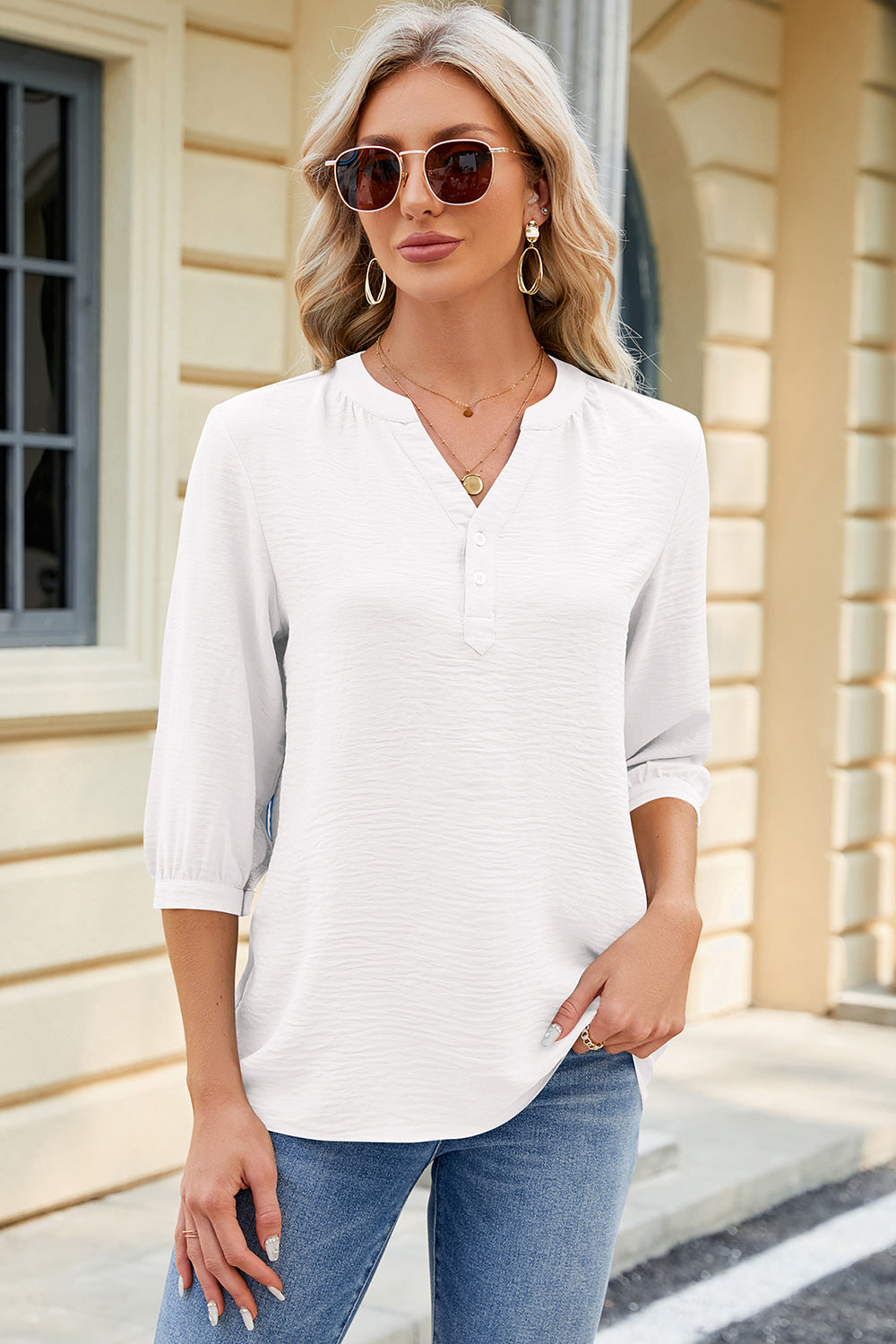 Notched Three-Quarter Sleeve T-Shirt - Fashion Finder Hub