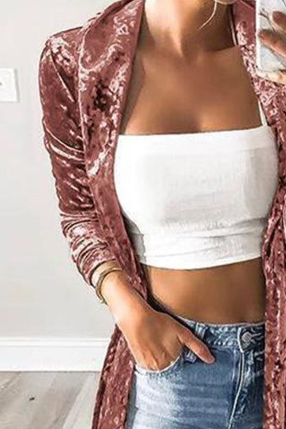 Open Front Long Sleeve Longline Velvet Cardigan - Fashion Finder Hub
