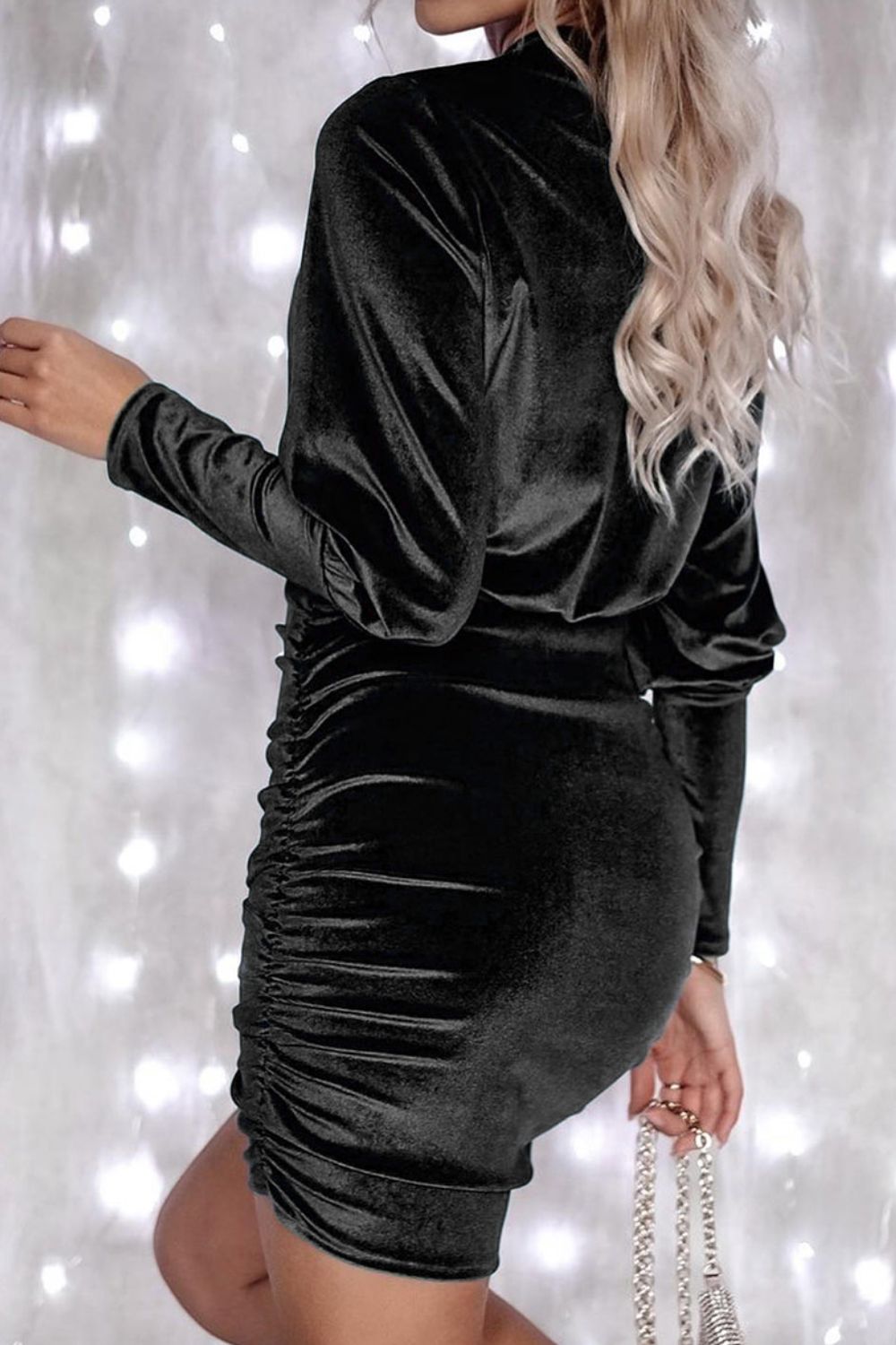 Ruched Round Neck Lantern Sleeve Mini Dress - Fashion Finder Hub