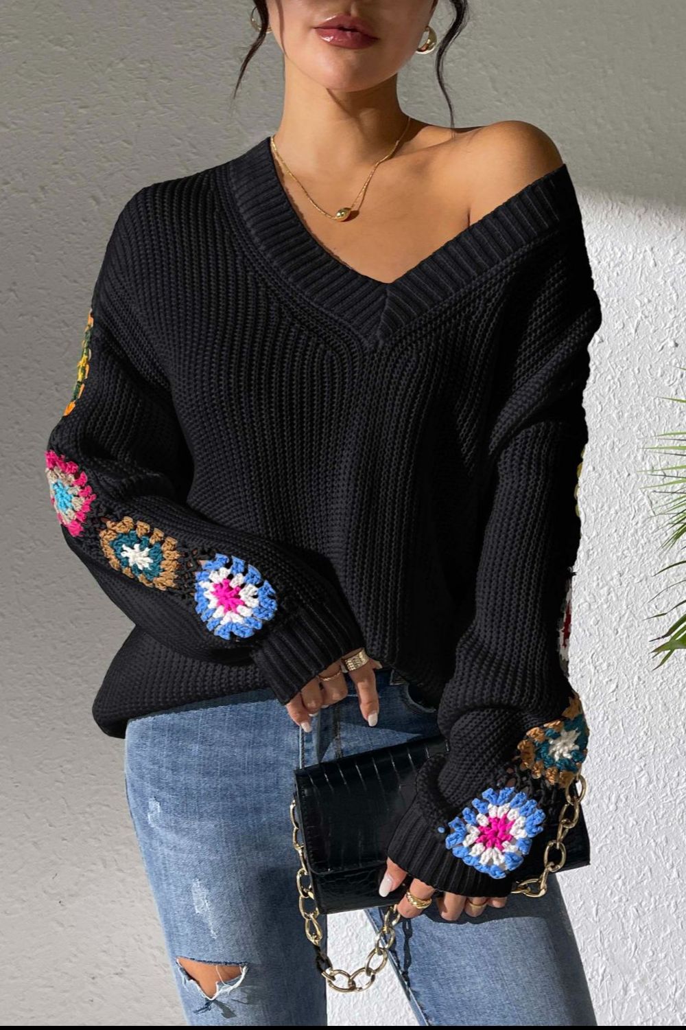 Crochet Flower V-Neck Sweater