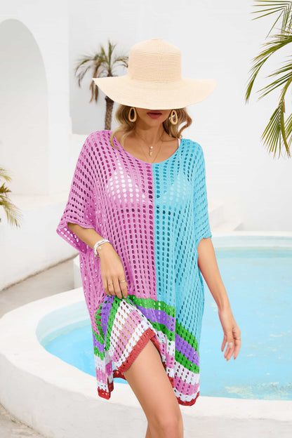 Contrast Scoop Neck Openwork Half Sleeve Cover Up - Fashion Finder Hub