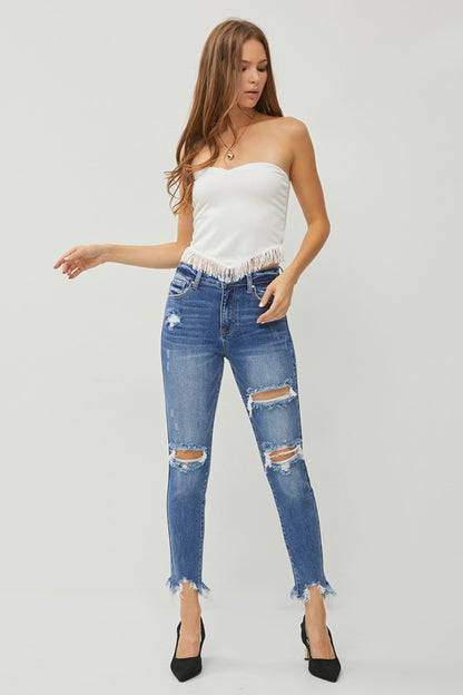 RISEN Distressed Frayed Hem Slim Jeans - Fashion Finder Hub
