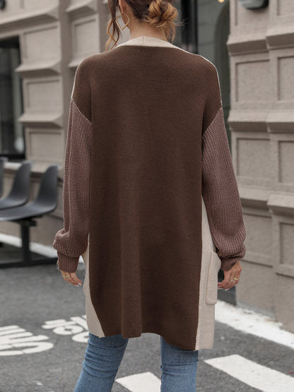 Contrast Open Front Long Sleeve Cardigan - Fashion Finder Hub