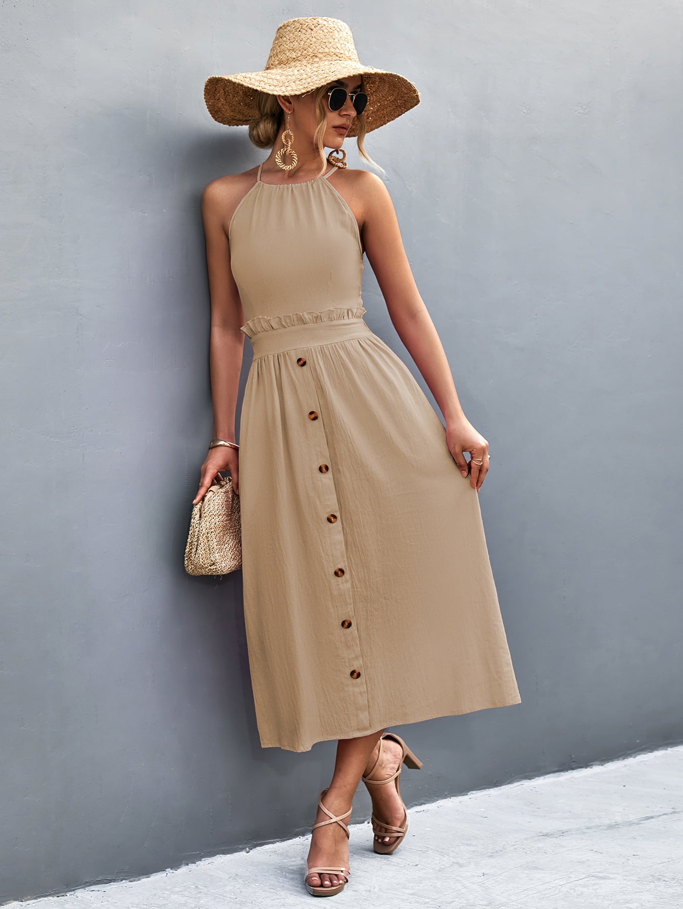 Buttoned Halter Neck Frill Trim Midi Dress - Fashion Finder Hub