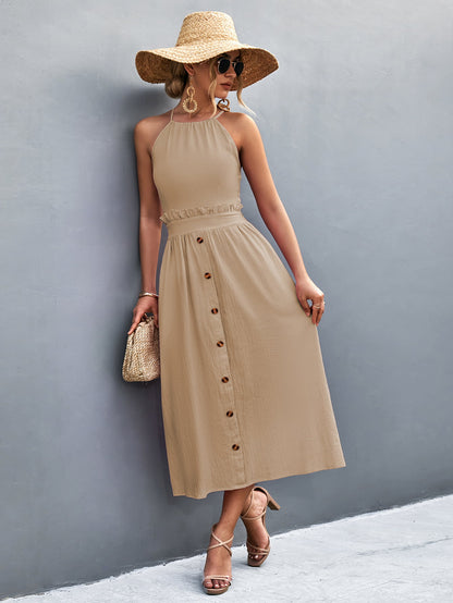 Buttoned Halter Neck Frill Trim Midi Dress - Fashion Finder Hub