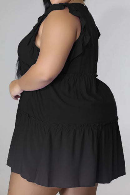 Plus Size V-Neck Frill Trim Mini Dress - Fashion Finder Hub