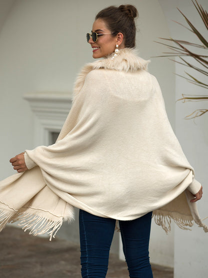 Fringe Open Front Long Sleeve Poncho - Fashion Finder Hub