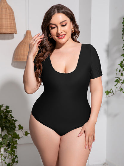 Plus Size Scoop Neck Short Sleeve One-Piece Swimsuit - Fashion Finder Hub