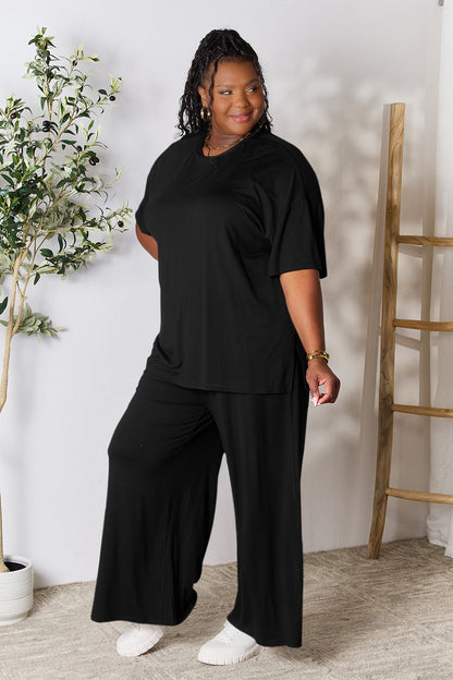 Double Take Full Size Round Neck Slit Top and Pants Set - Fashion Finder Hub