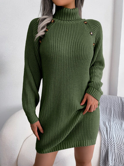 Decorative Button Turtleneck Sweater Dress - Fashion Finder Hub