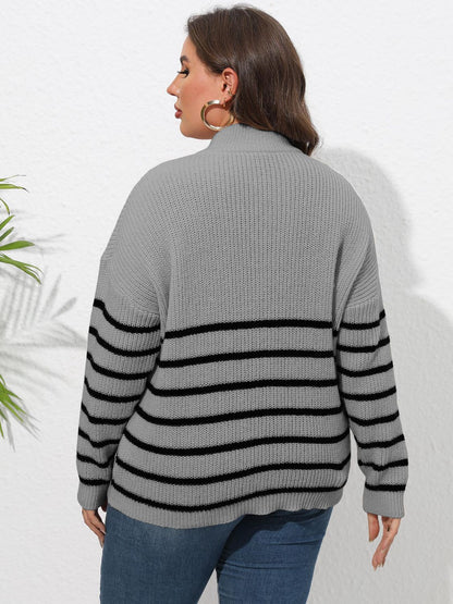 Plus Size Zip-Up Striped Sweater - Fashion Finder Hub