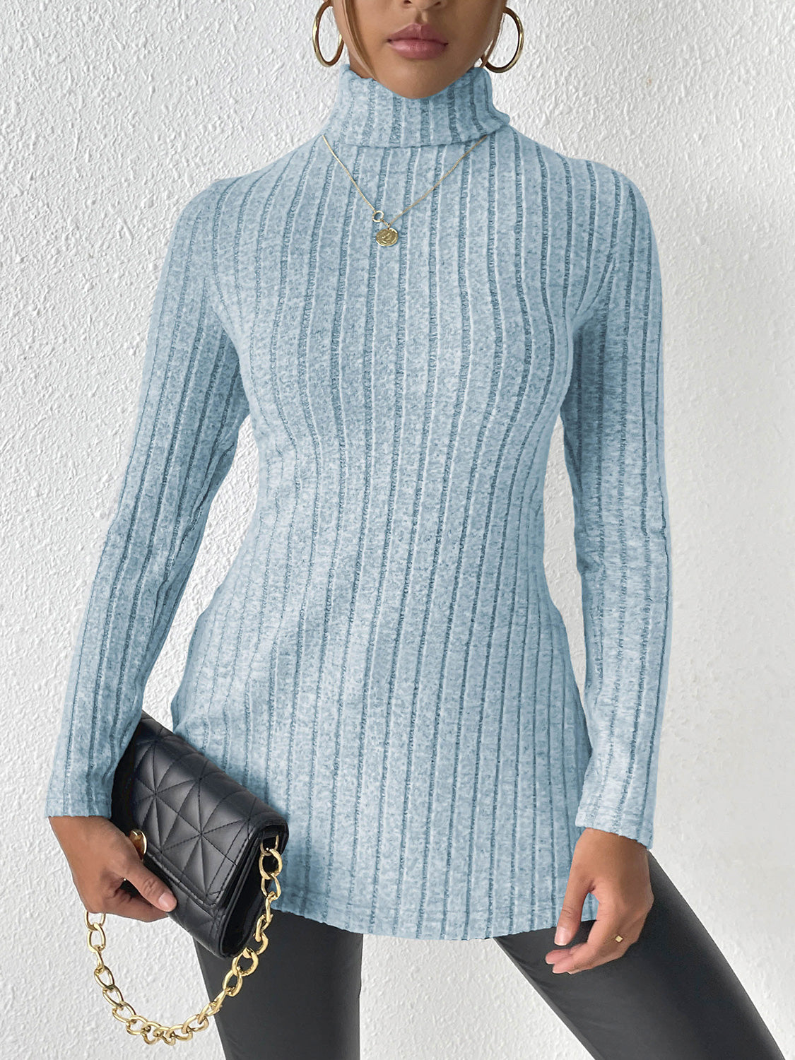 Ribbed Turtleneck Long Sleeve Slit T-Shirt