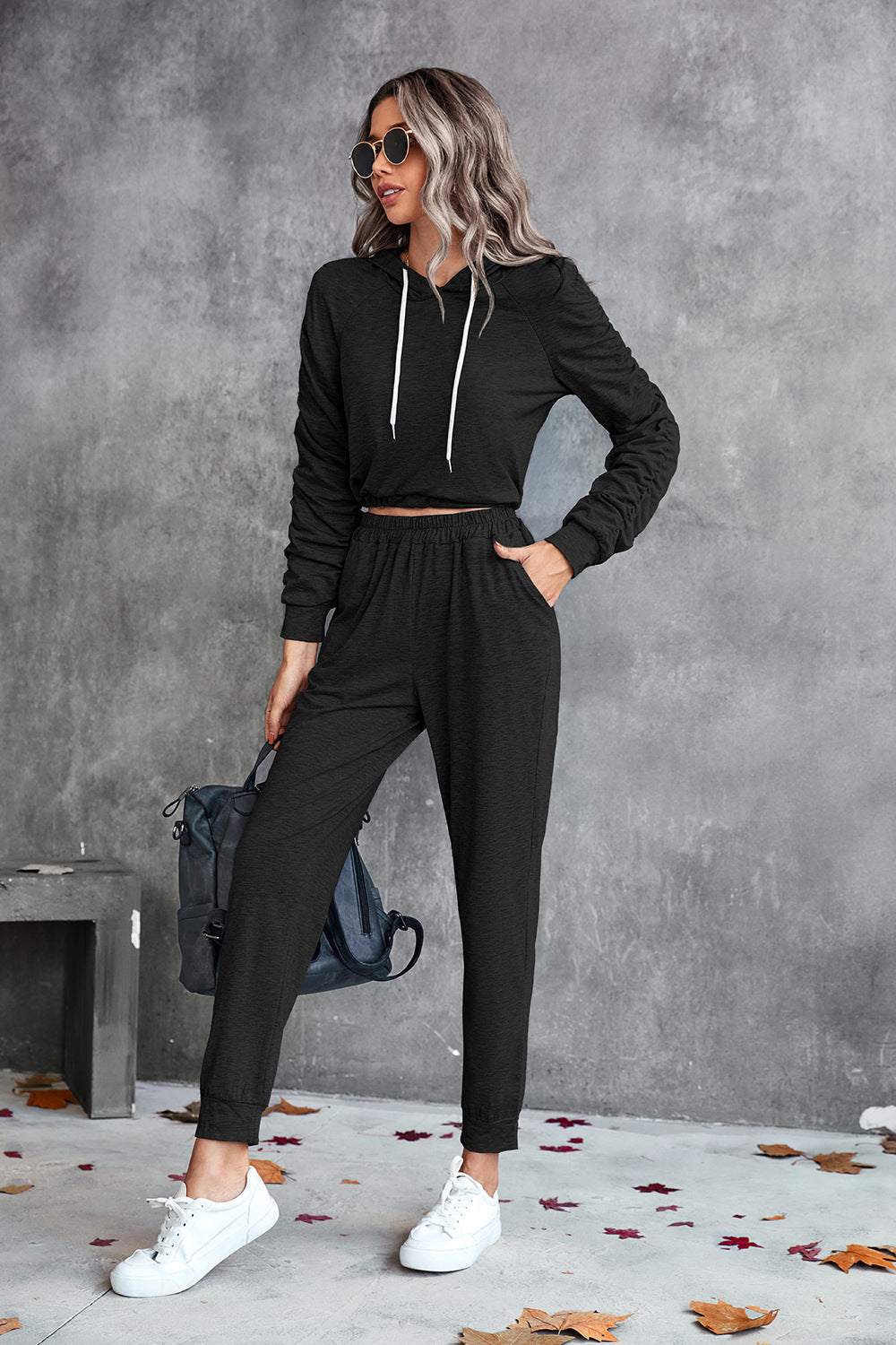 Ruched Raglan Sleeve Hoodie and Joggers Set