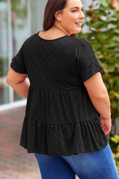 Plus Size Eyelet Round Neck Short Sleeve Blouse - Fashion Finder Hub