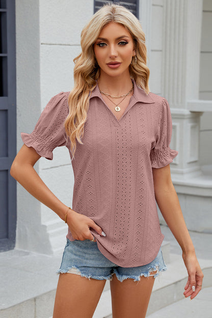 Eyelet Johnny Collar Short Sleeve Blouse - Fashion Finder Hub